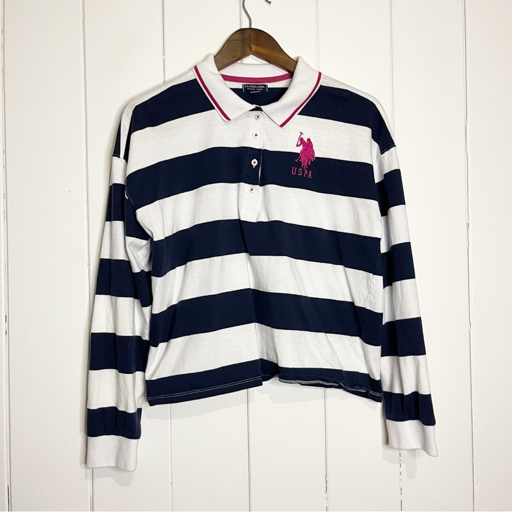 U.S. Polo Assn. White and Blue Striped Rugby Crop Top. Size Large.
